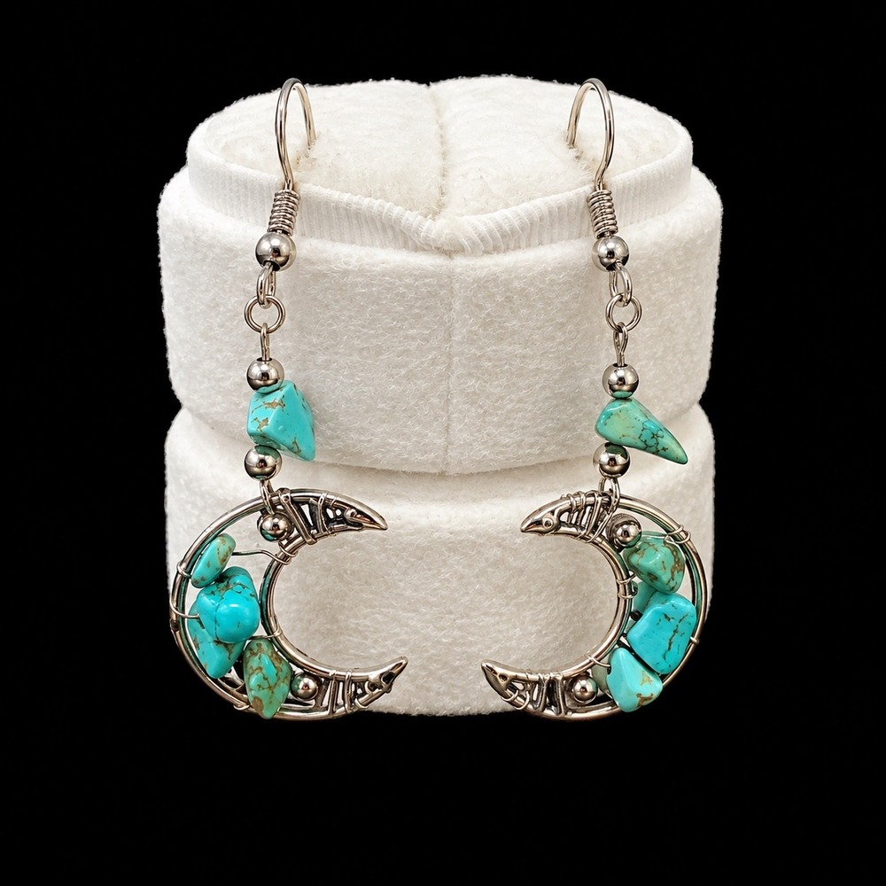Turquoise Crescent Moon Dangle Earrings Silver Tone Celestial Boho Statement